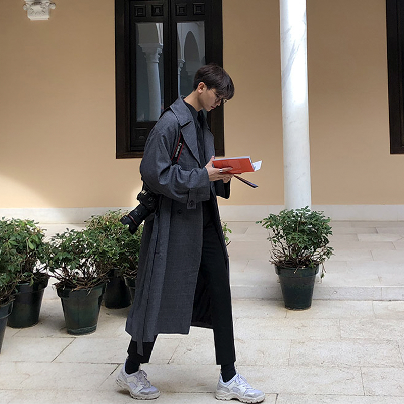 秋季新款韩版休闲k男士风衣帅气过膝复古潮流大衣bf中长款格子外