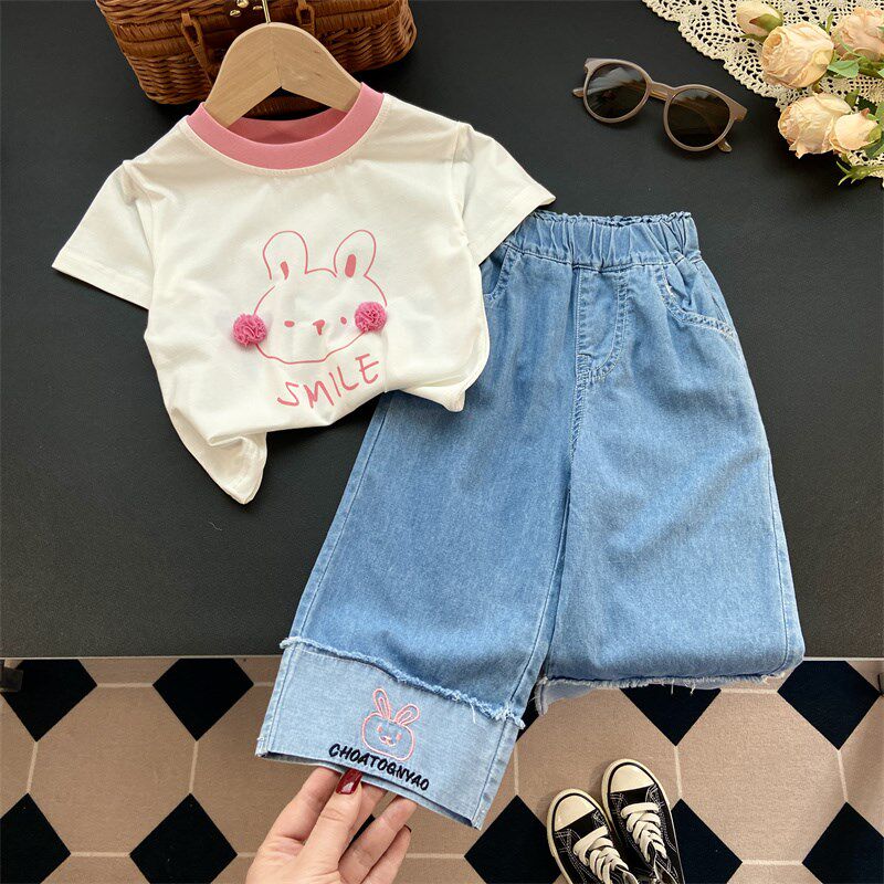 女童套装23夏装新款洋气短袖T恤时髦儿童薄款牛仔阔腿裤两件套潮,童装/婴儿装/亲子装,套装,淘宝优惠券,粉丝福利购,淘宝优惠卷