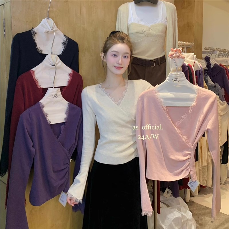 2024秋冬V领蕾丝交叉长袖针织衫女修身K收腰不规则打底衫内搭上衣