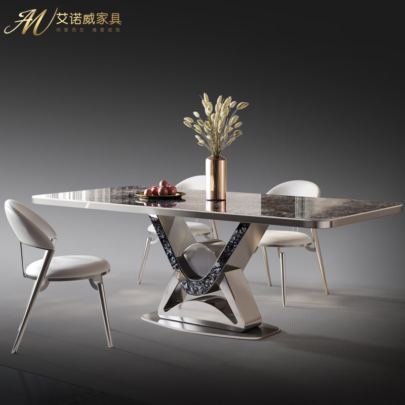 意式岩板餐桌高端长方形现代简约别墅家用6人8人大理石饭桌椅组合