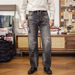 红风 水洗破洞牛仔裤男宽u松直筒阿美咔叽美式复古长裤 大战版型