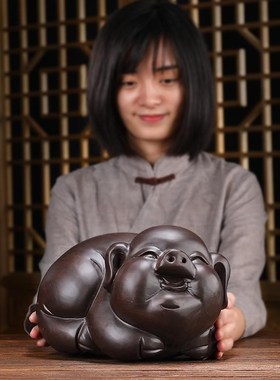 黑檀木招财猪摆件一对木头发财猪实木生H肖猪家居客厅电视柜装饰