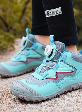 户外儿童鞋男28-38码徒步登山运动鞋女旋转扣帅气加Y绒保暖鞋防滑