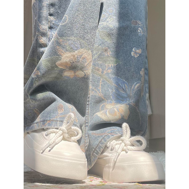 大码女装胖mm复古个性印花牛仔裤女秋季I新款显瘦裤子女宽松阔腿