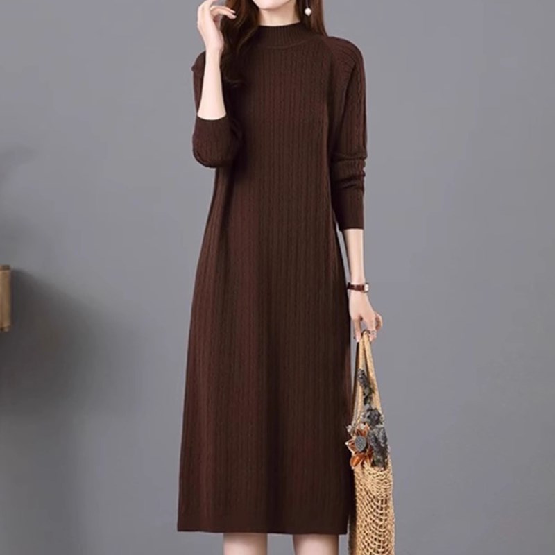 秋冬针织羊毛衫中长毛衣裙半高领B女时尚洋气纯色配大衣打底连衣