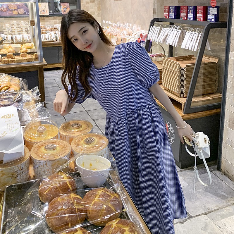 孕妇夏季新款宽松收腰显瘦连衣裙韩版短袖格子裙中长款过膝A字裙