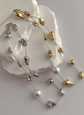 日韩小众设计感不规则金属珍珠拼接项链个性男女锁骨链颈链配饰品