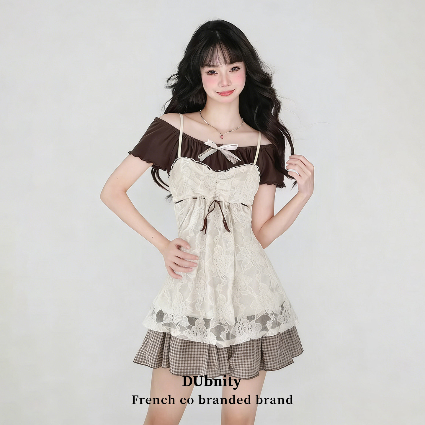 【新品】法国DUBNIITY官网上衣蕾丝吊带格子三件套复古连衣裙女款