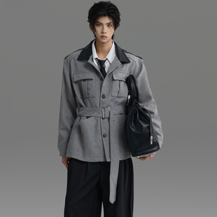 GALAXOR银河预报 复古巴恩风夹克外套拼接皮领设计感宽松收腰风衣