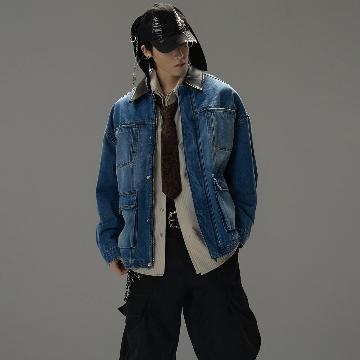 GALAXOR 复古水洗牛仔上衣撞色拼接翻领PU皮宽松工装夹克外套男女,男装,牛仔外套,淘宝优惠券,粉丝福利购,淘宝优惠卷