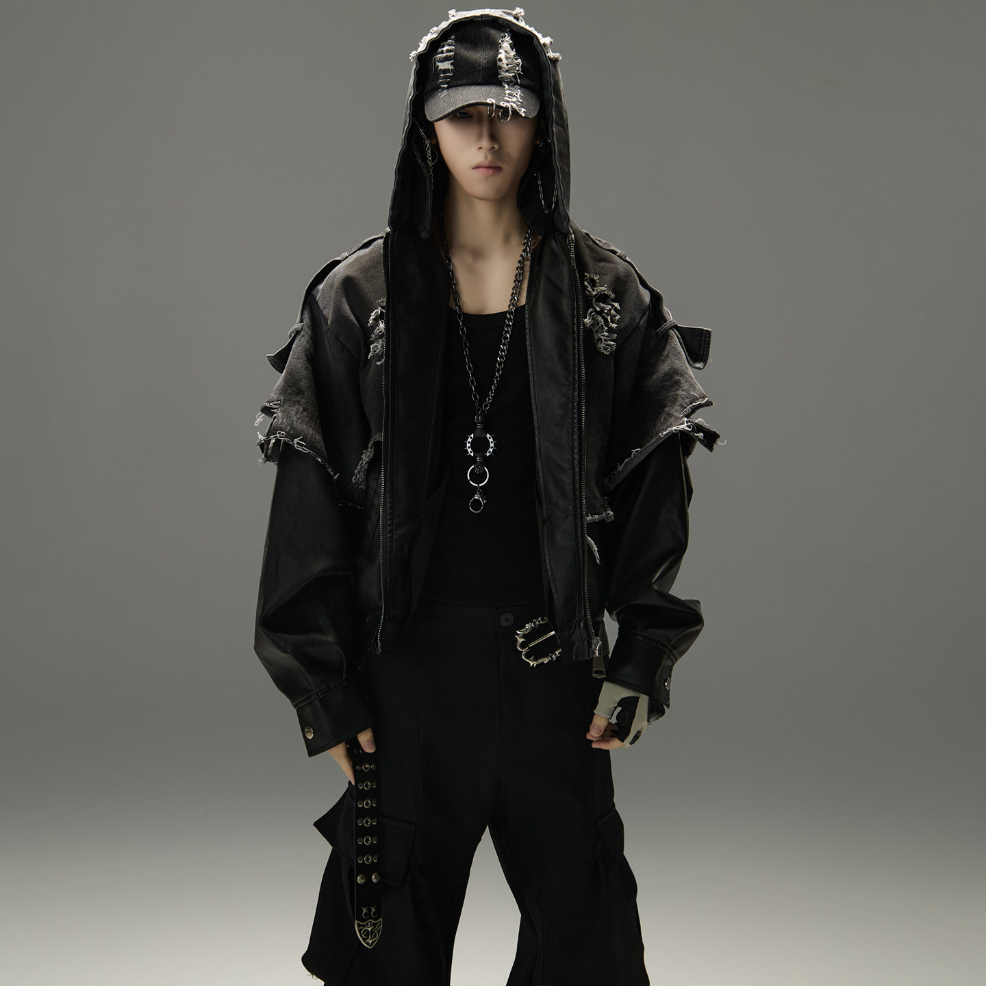 GALAXOR 重磅PU皮拼接牛仔复古水洗做旧破坏毛边设计夹克外套男女,男装,牛仔外套,淘宝优惠券,粉丝福利购,淘宝优惠卷