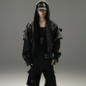 GALAXOR 重磅PU皮拼接牛仔复古水洗做旧破坏毛边设计夹克外套男女