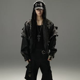 GALAXOR 重磅PU皮拼接牛仔复古水洗做旧破坏毛边设计夹克外套男女