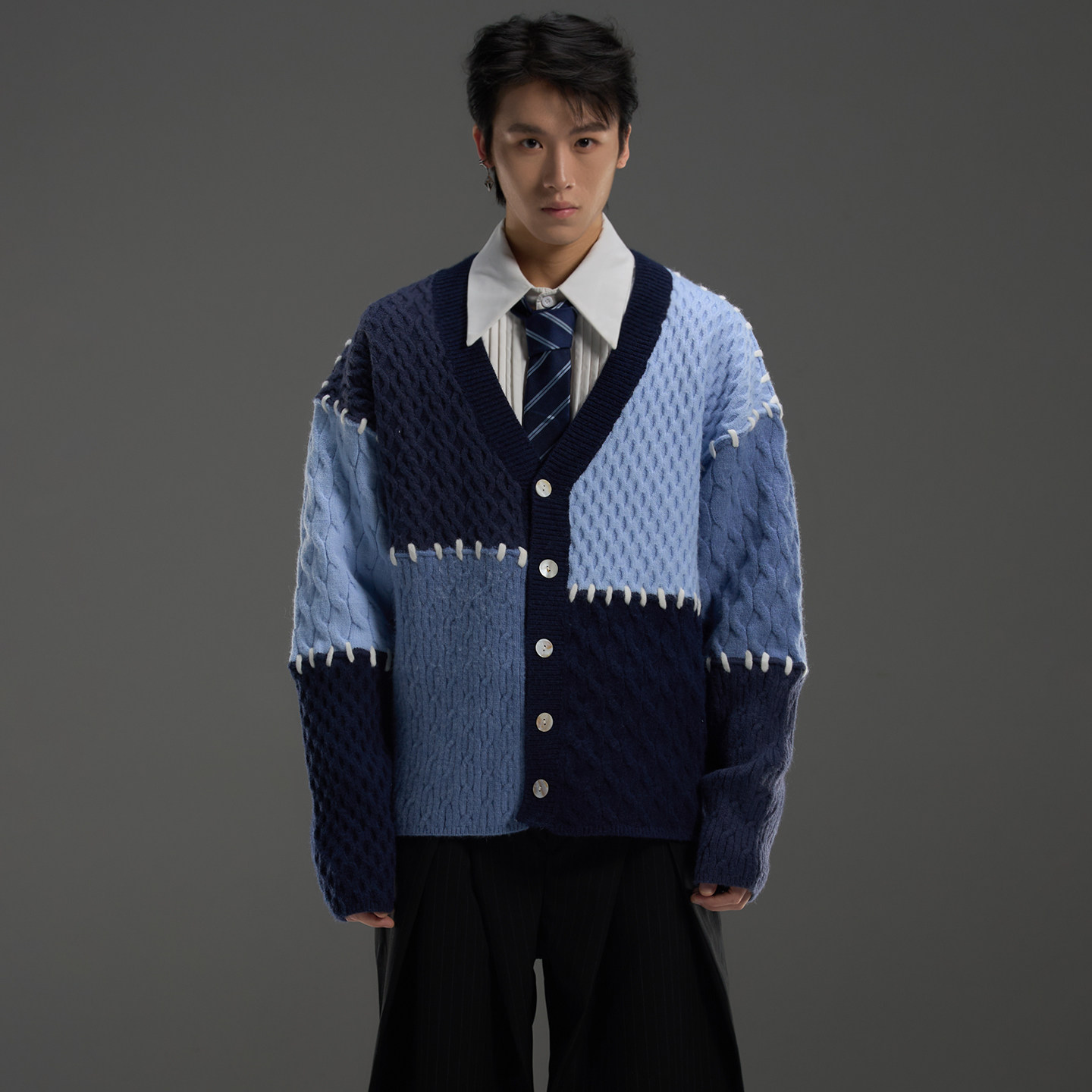 GALAXOR银河预报 撞色拼接设计开衫毛衣宽松情侣V领针织外套男女,男装,针织衫/毛衣,淘宝优惠券,粉丝福利购,淘宝优惠卷