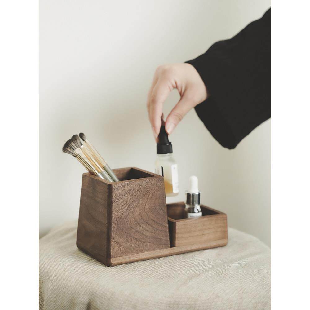 黑胡桃实木桌面收纳盒高端覆古眉刷化妆刷眼影收纳管学生桌面笔筒