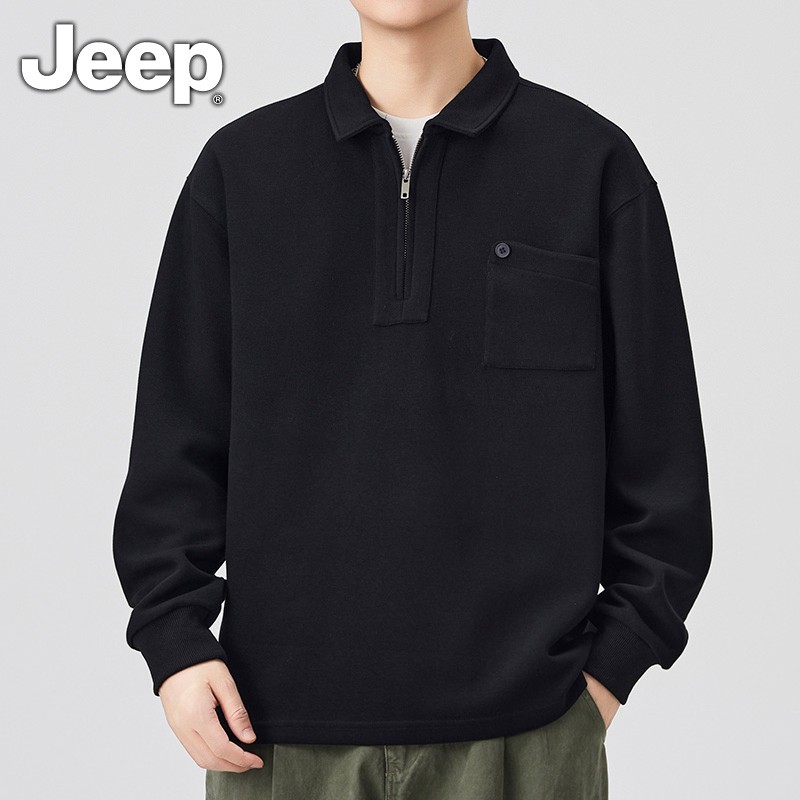 Jeep吉普美式复古翻领半拉链上衣男士2025新款宽松休闲长袖卫衣