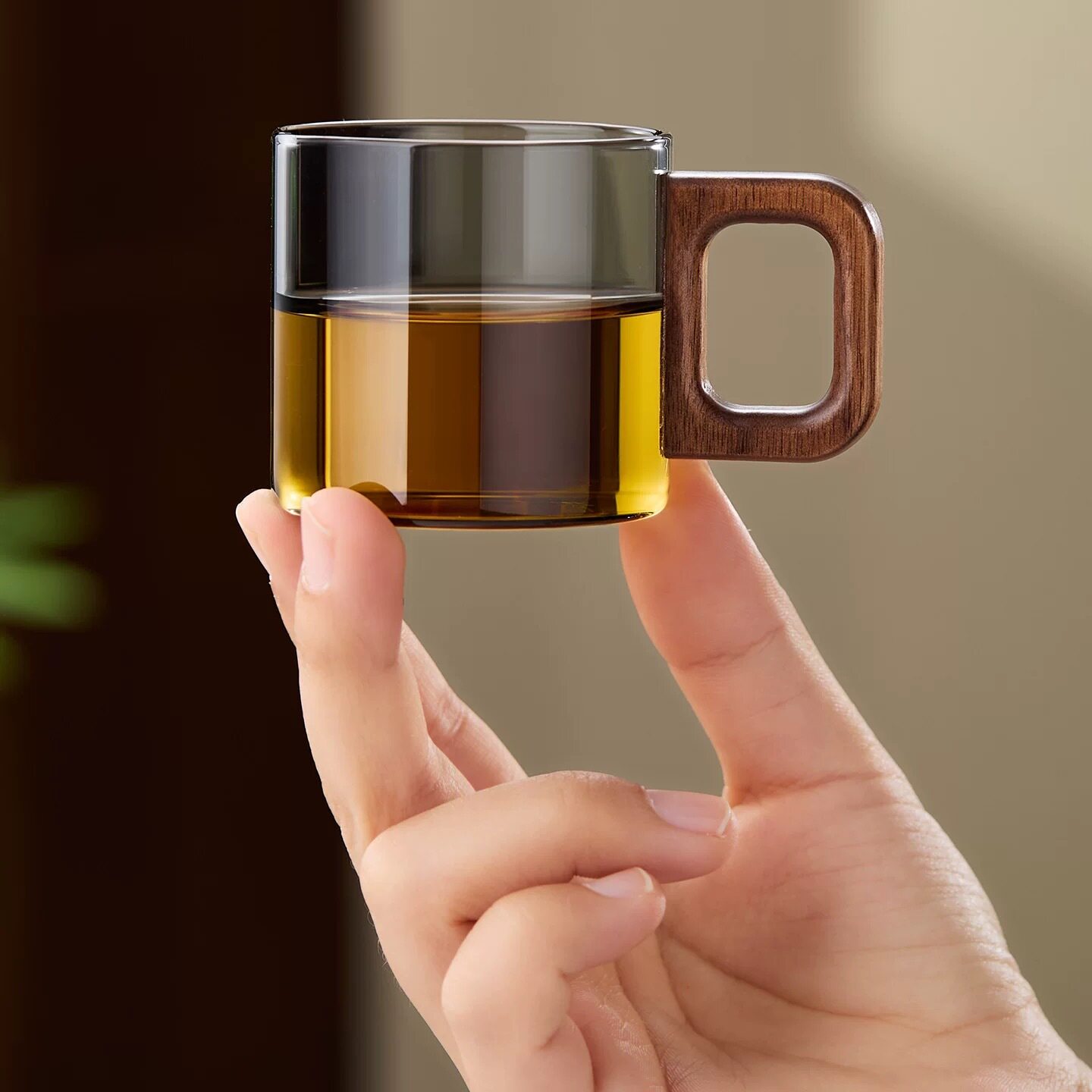 玻璃耐高温小杯子品茗杯实木带把手泡茶杯家用待客套装防烫主人杯
