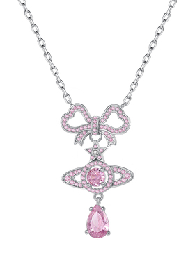 Vivanne Werkend淑女风蝴蝶结锁骨链水滴吊坠西太后项链粉色锆石