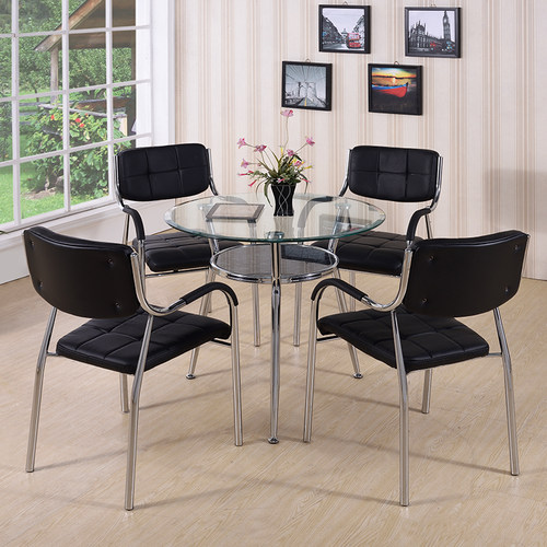 北欧接待小圆桌奶茶店桌椅休闲一桌四椅组合展厅会客钢化玻璃圆桌