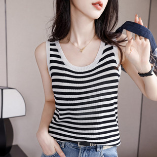 黑白条纹针织冰丝吊带背心女2024新款内搭西装高级感无袖打底t恤