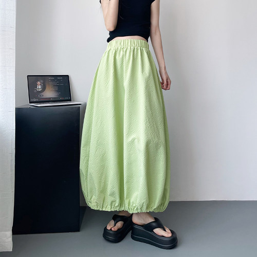 大码浅绿花苞A字半身裙女夏季胖mm慵懒风束脚裙宽松显瘦灯笼裙