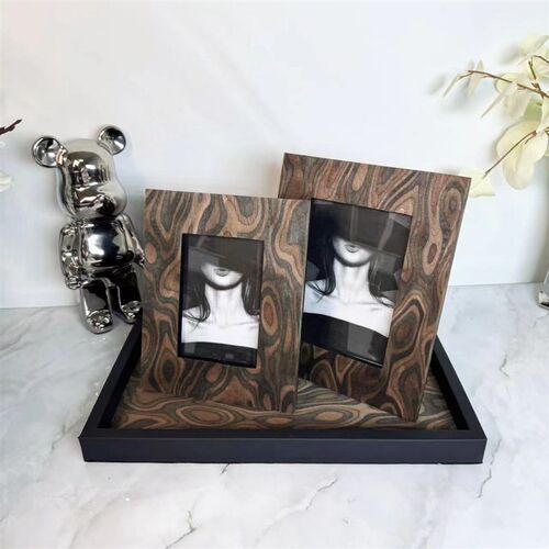 轻奢现代皮革黑边抽象p木纹托盘样板间相框装饰家居餐厅茶几装饰