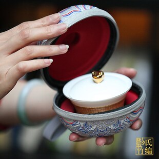 刘氏竹编竹丝扣瓷胎锦绣之旅行便携茶具装四川特色伴手商务礼