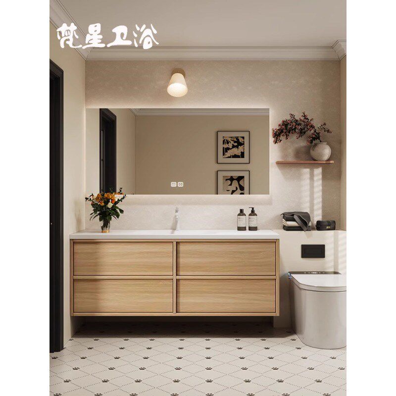 复古风一体盆骨骼线岩板浴室柜洗手中古风洗漱台定制