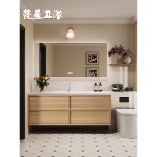 复古风一体盆骨骼线岩板浴室柜洗手中古风洗漱台定制