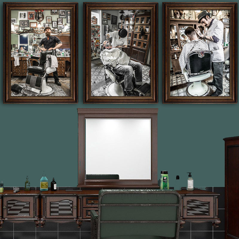 复古男士油头理发店背景装饰画发型发廊挂画美发图片海报理发壁画