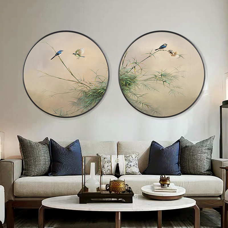 手绘椭圆形竹子喜鹊油画玄关装饰画餐厅过道茶室卧室花鸟圆形挂画图片