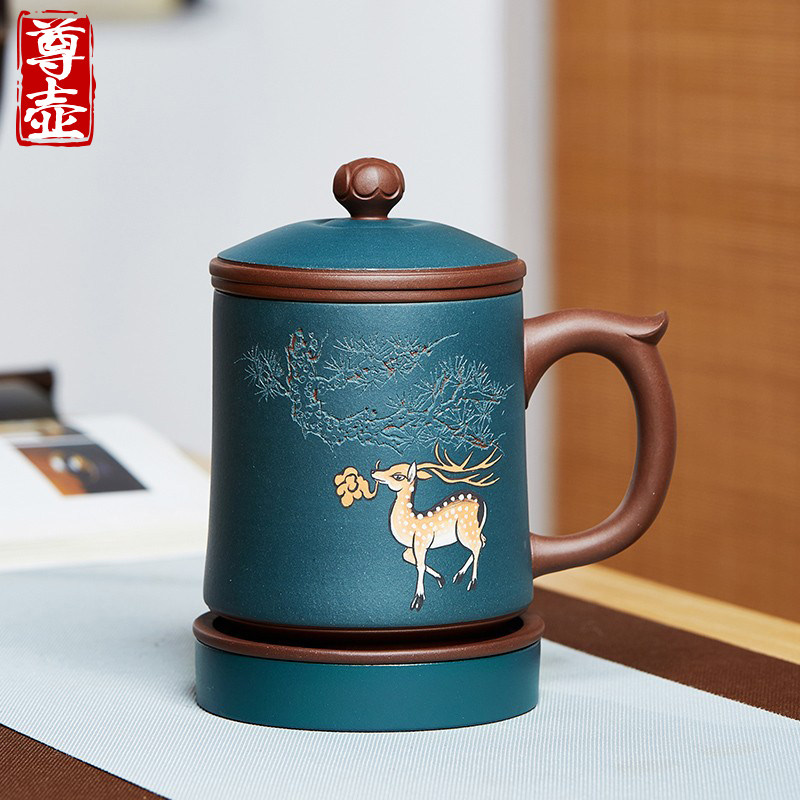 宜兴紫砂杯茶水分离泡茶杯过鹿鸣办公盖杯带把杯子茶具