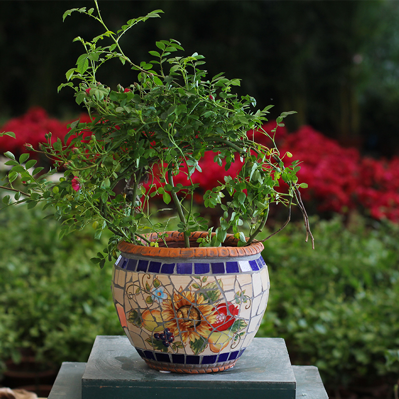 特色彩绘陶瓷马赛克绿植鲜花工艺花盆花器 欧式美式田园风格