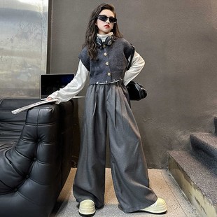 女童秋装套装儿童洋气春秋时髦复古百搭灰色毛衣马甲阔腿裤三件套