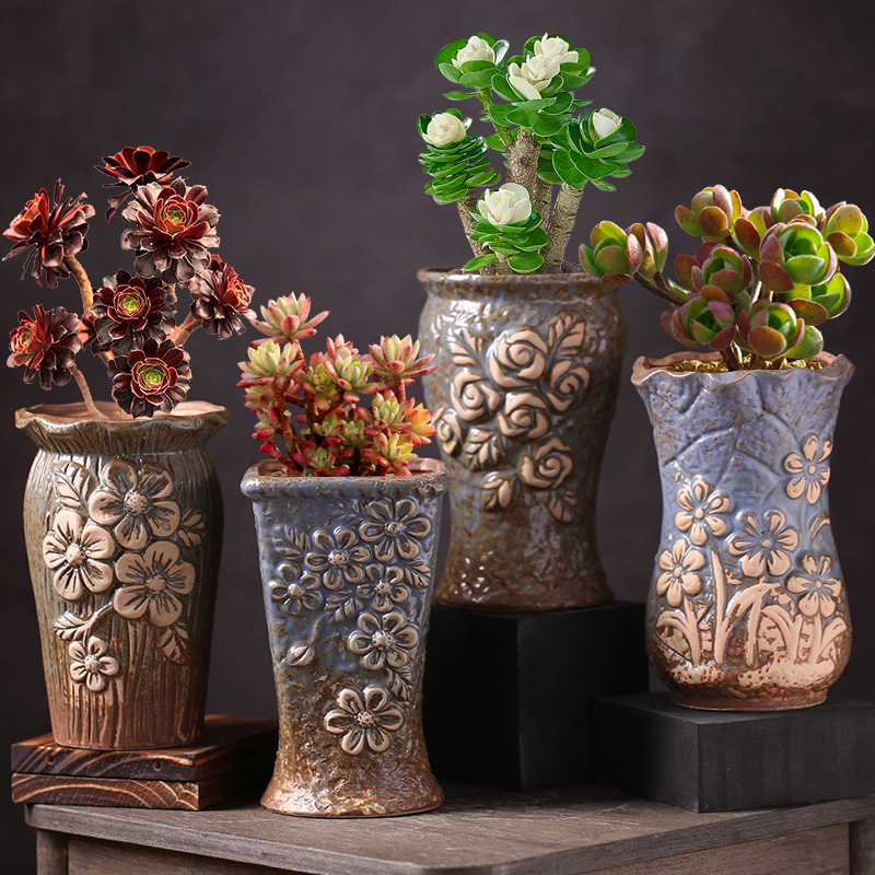 多肉花盆陶瓷创意复古山地玫瑰肉肉绿植方形粗陶盆黑法师老桩高盆