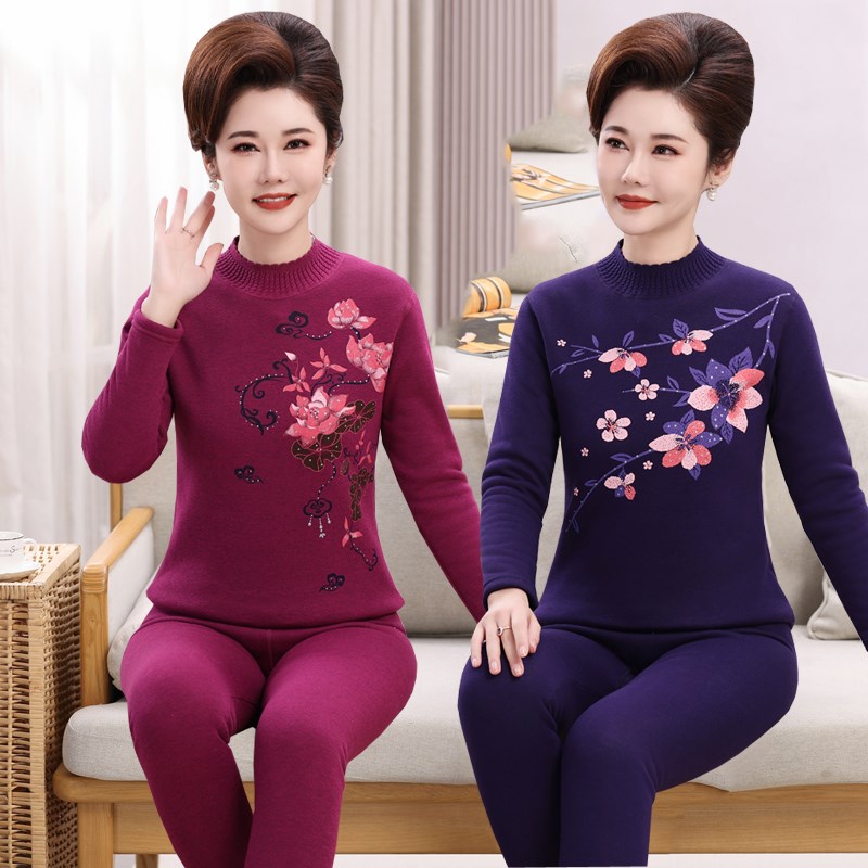 中老年人保暖内衣女加厚加绒套装妈妈半高领加大码冬季防寒保暖衣