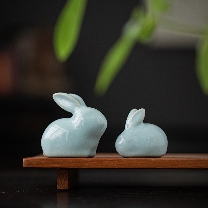 迷你可爱汝窑小兔子茶宠摆件精品可养茶道茶玩茶桌面装饰茶具配件
