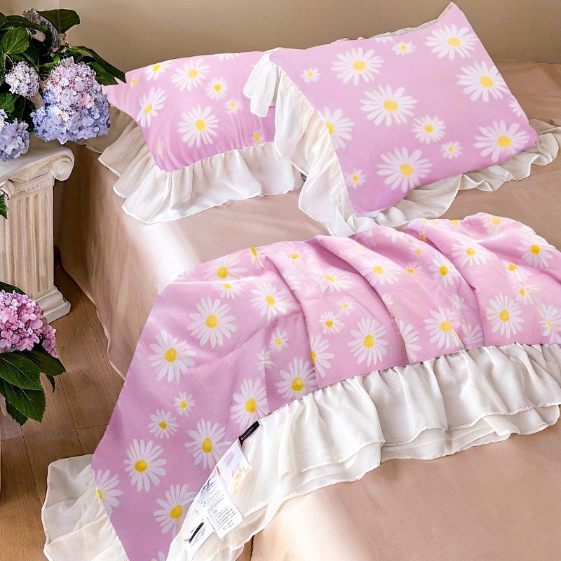 夏日小清新碎花凉感夏凉被四件套白纱雪纺花边空调被水洗棉可机洗