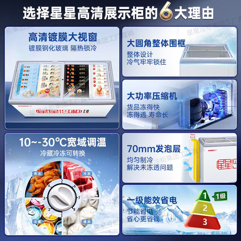 星星冰柜升商用速冻绿豆冰沙展示柜平面玻璃门雪糕饮料小冷柜