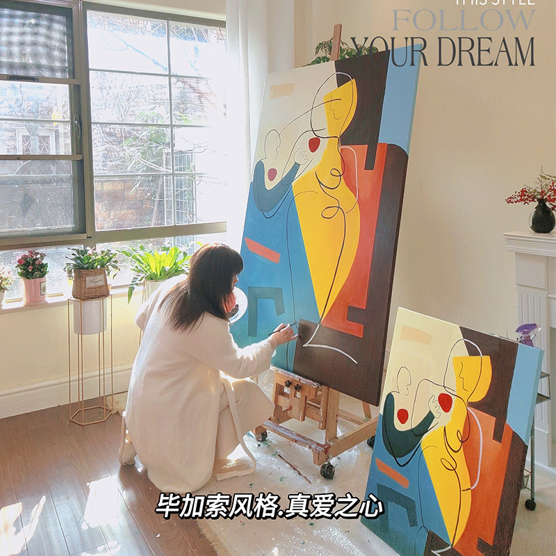 手绘油画毕卡索装饰画客厅饭厅大幅抽象人物玄关艺术肌理挂画定制
