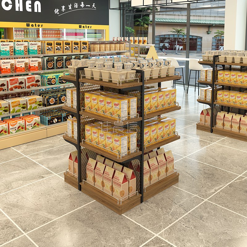 佳晨信零食店展示架便利店超市货架钢木款向中岛展示柜多层