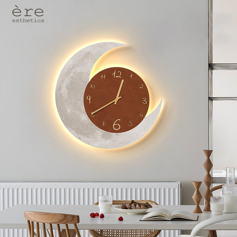 侘寂风月亮钟表装饰画背景墙带led氛围灯画现代客厅创意挂画