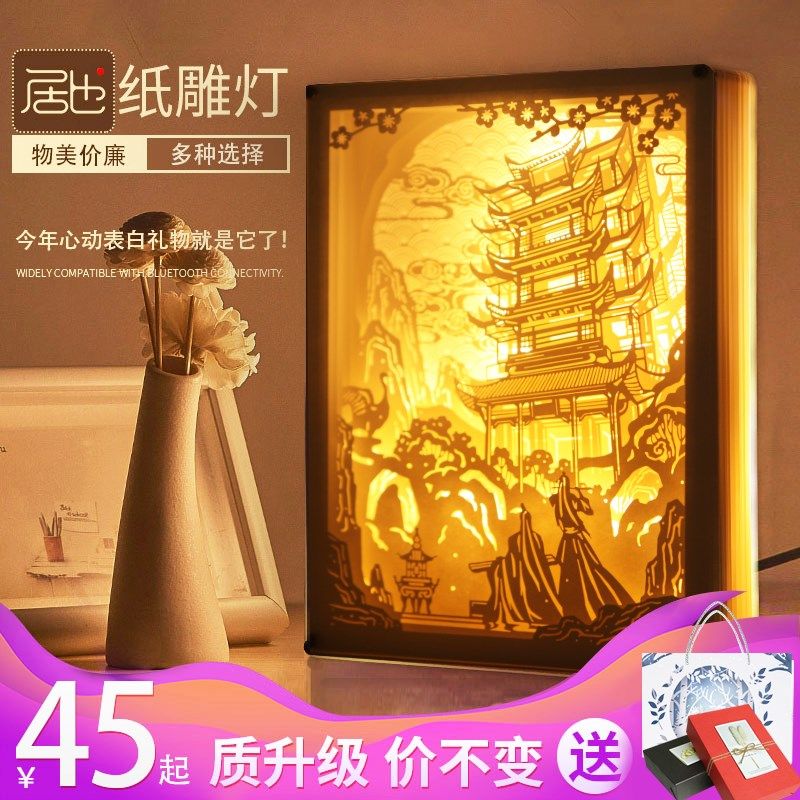 居也光影纸雕灯材料包手工创意台灯床头古风剪纸灯纸刻灯