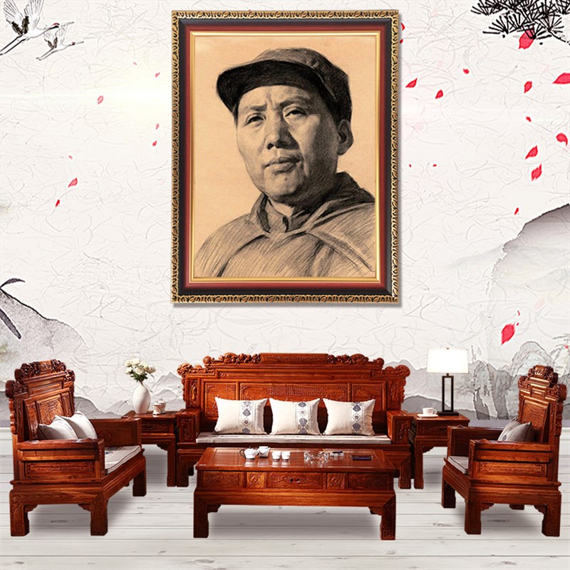 毛主席像墙画伟人有框毛泽东画像素描墙壁挂画客厅中堂玄关装饰画图片