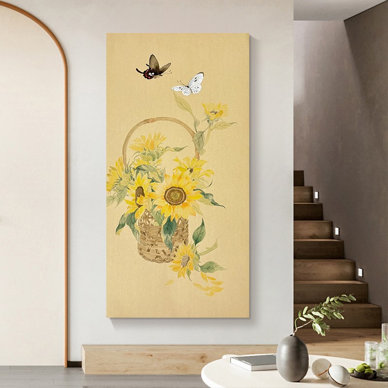 植物花卉中古风手绘油画蝴蝶向日葵玄关装饰画大芬村中式客厅挂画图片