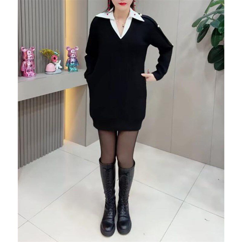 大码时尚假两件连衣裙2024秋冬新款气质显瘦衬衫领中长款卫衣裙女