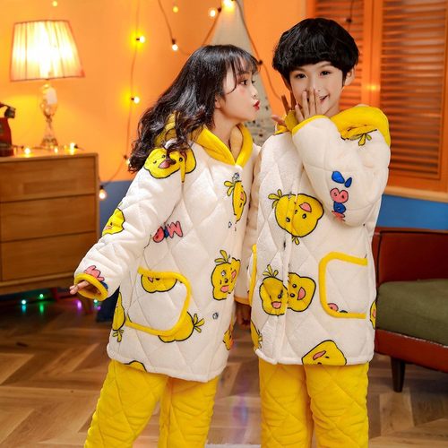 儿童睡衣冬季加厚款女童三层夹棉珊瑚绒男宝宝小黄鸭法兰绒家居服