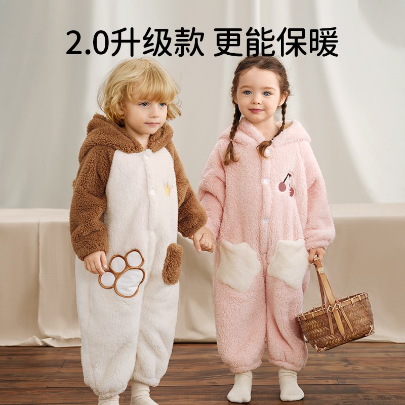 欧孕儿童家居服秋冬季宝宝睡衣连体衣男女童法兰绒睡衣外出保暖
