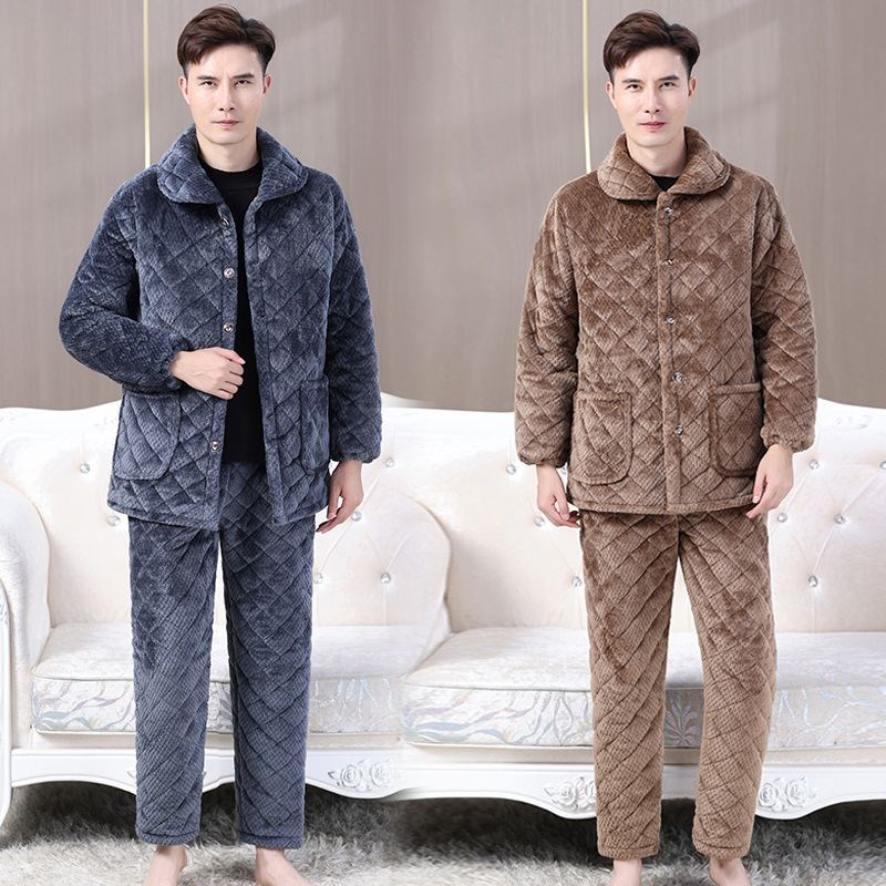 老人睡衣男三层夹棉珊瑚绒中老年冬季加厚加绒爸爸保暖套装家居服