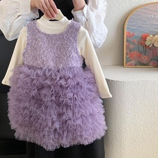 女童连衣裙2024秋冬季紫色粉色网纱公主裙蓬蓬裙加绒打底衫礼服裙
